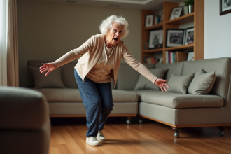 Femme âgée perdant l'équilibre dans un salon chaleureux