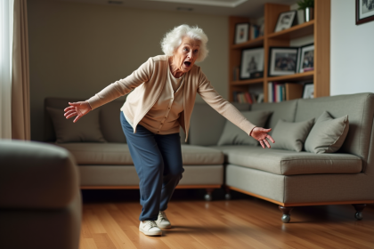 Femme &acirc;g&eacute;e perdant l'&eacute;quilibre dans un salon chaleureux