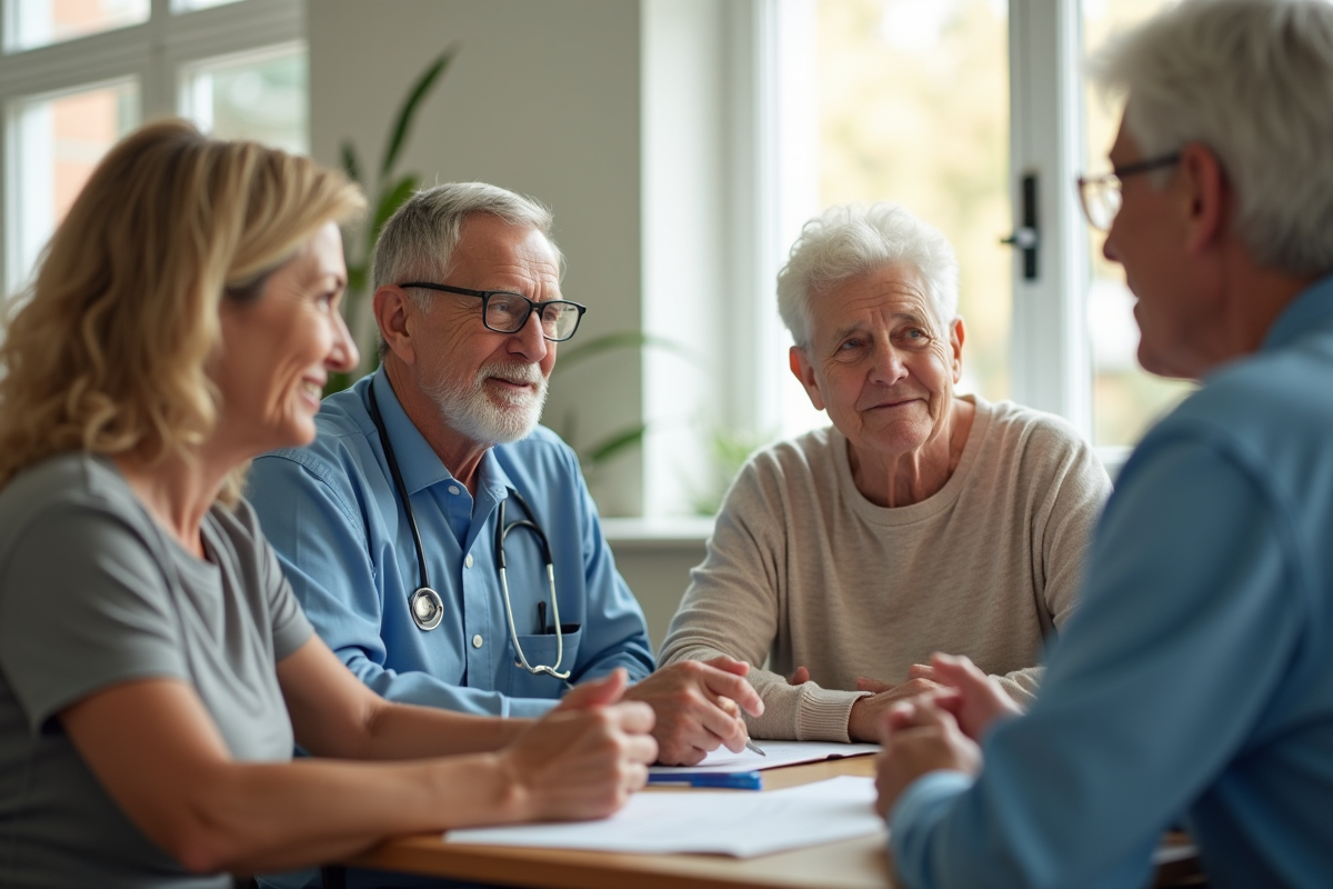Quatre seniors en groupe discutant avec une infirmiere dans un centre
