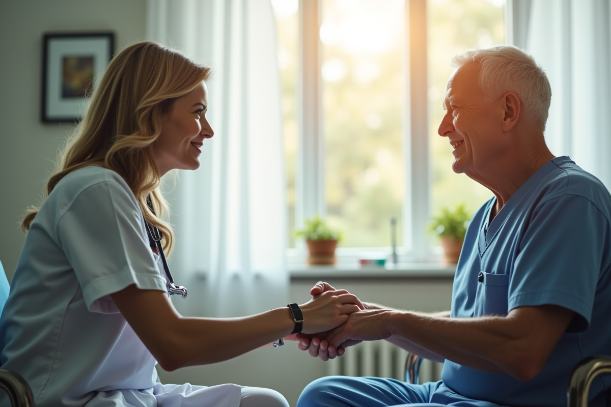 Infirmière douce auprès d'un patient âgé dans une chambre lumineuse