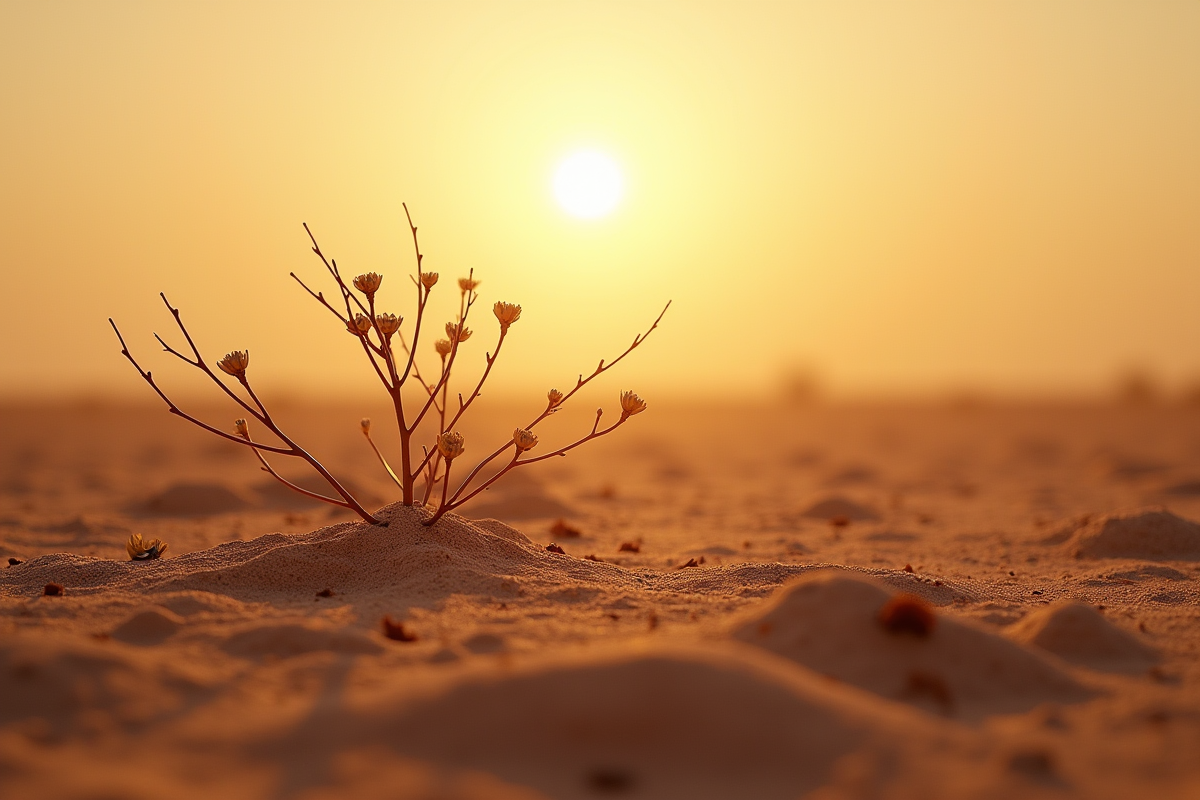 Paysage de sol sec avec plantes fanées sous un soleil intense