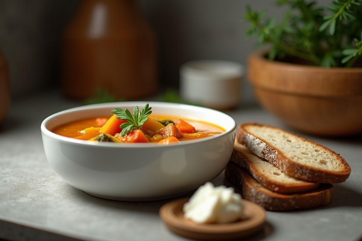 Bol de soupe de légumes dans une cuisine minimaliste la nuit