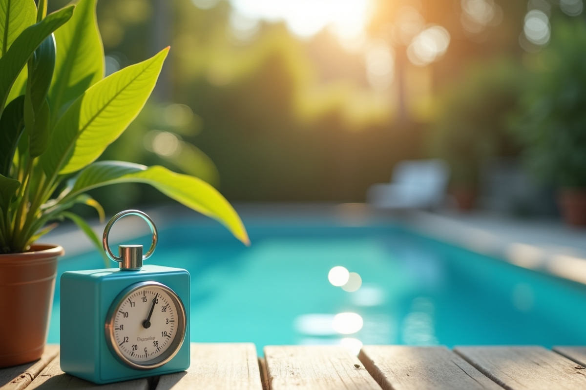 Bicarbonate et minuterie sur une table au bord de la piscine