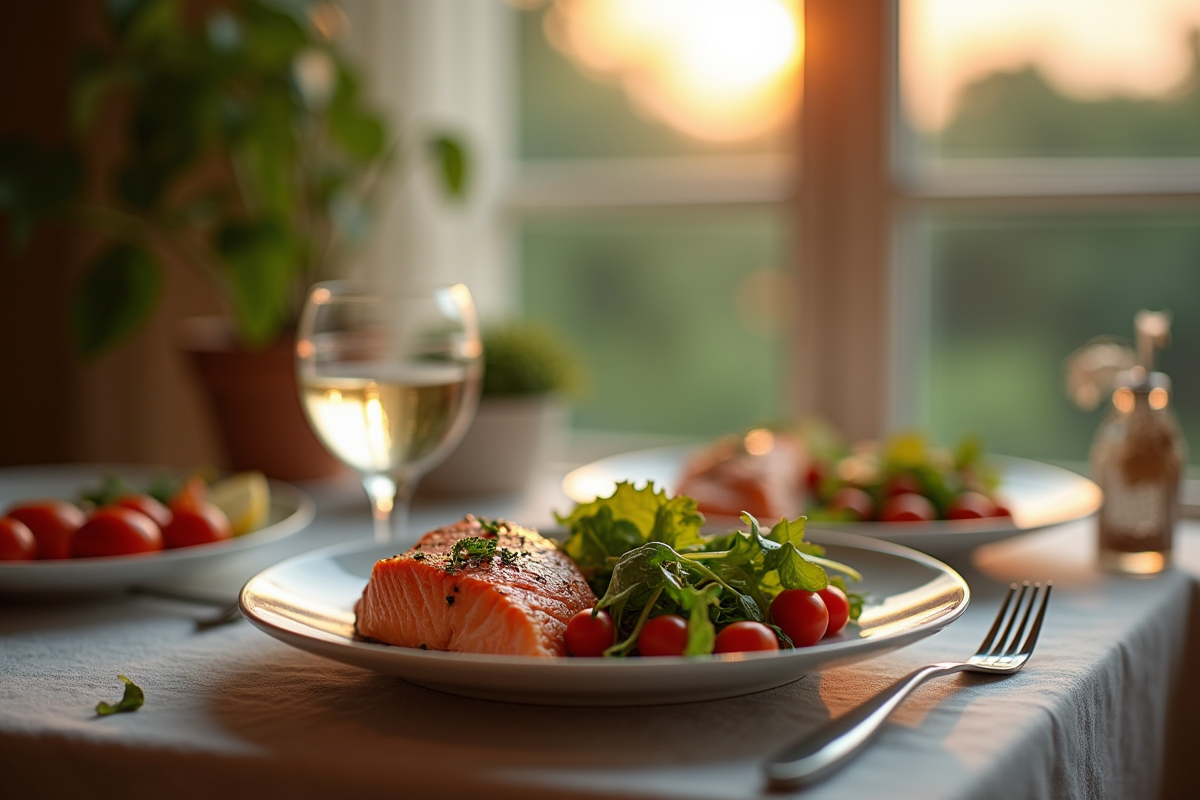 Table de dîner soignée au crépuscule avec saumon grillé