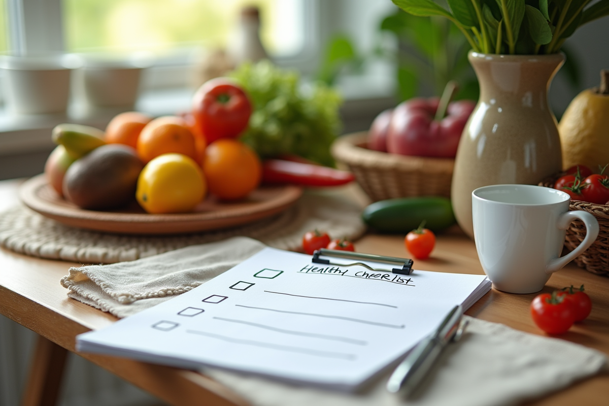 Table avec fruits légumes et carnet de santé en cuisine