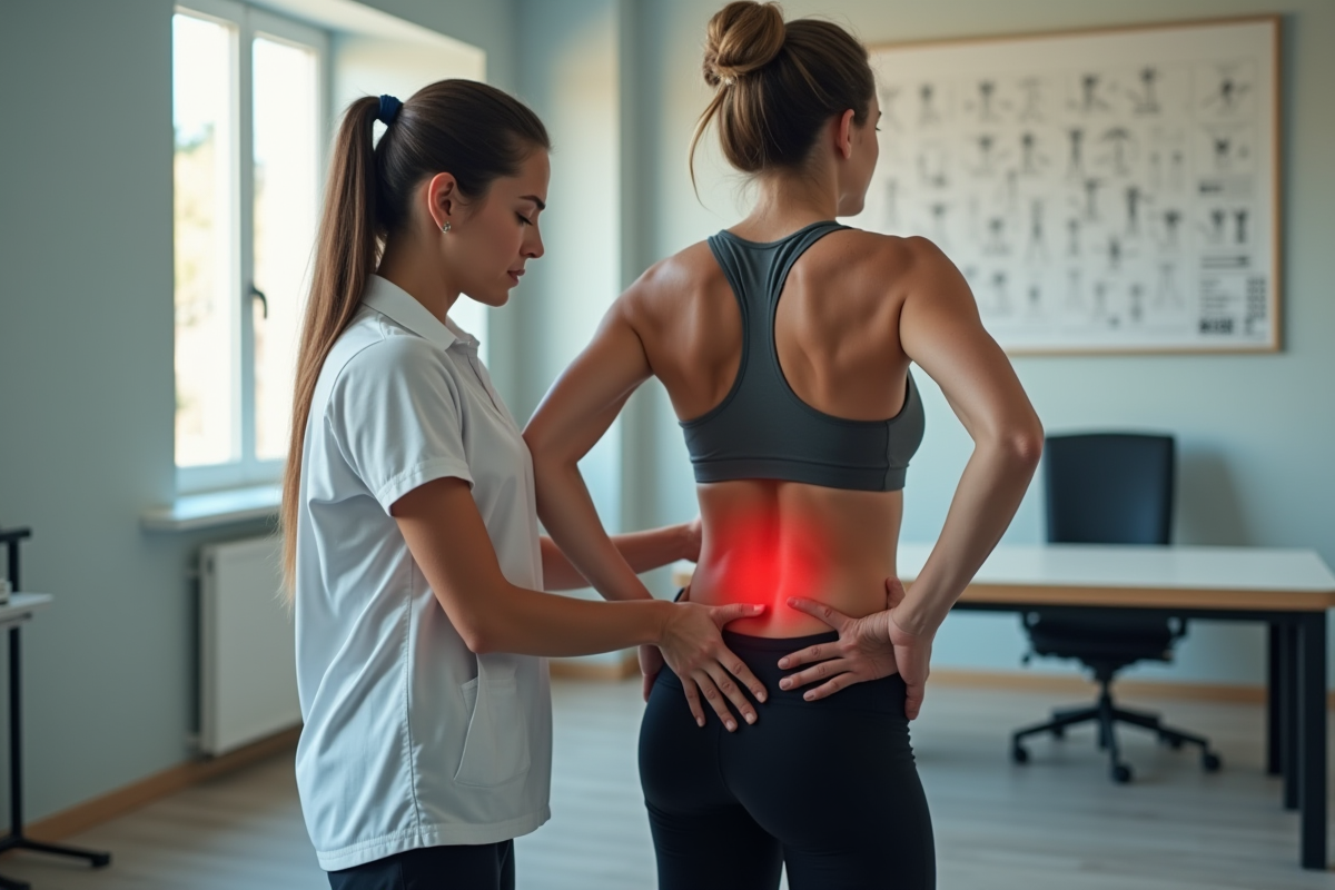 Physiotherapeute montre test de mobilite douleur lombaire