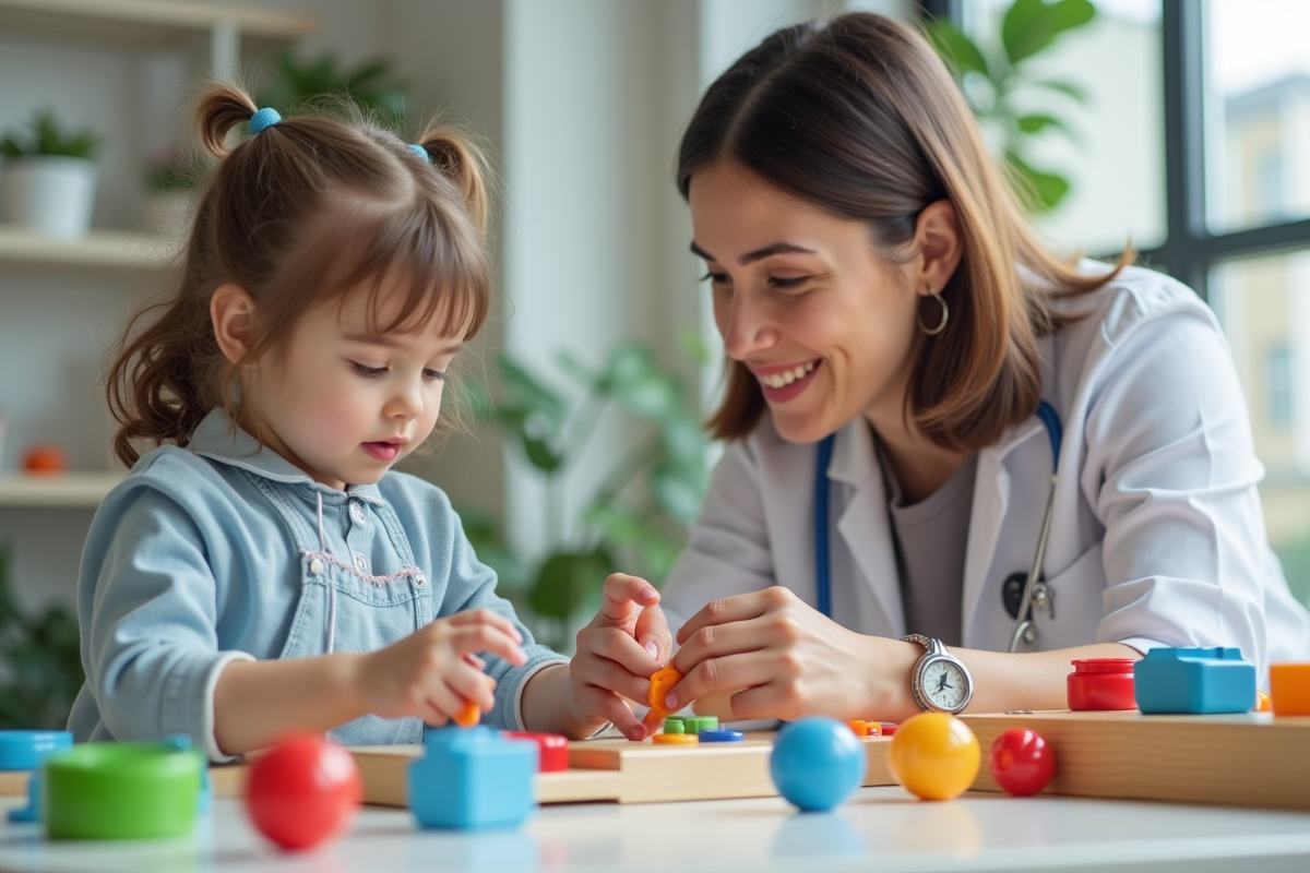 Jeune thérapeute aidant un enfant avec des outils de thérapie colorés