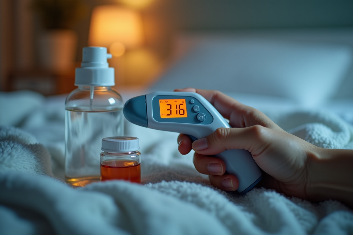 Main tenant un thermomètre numérique indiquant une forte fièvre