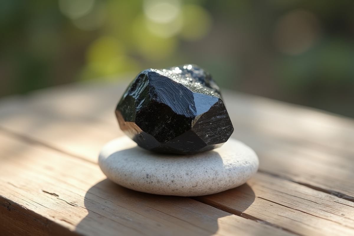 Cristal de tourmaline noire sur pierre blanche lumineuse