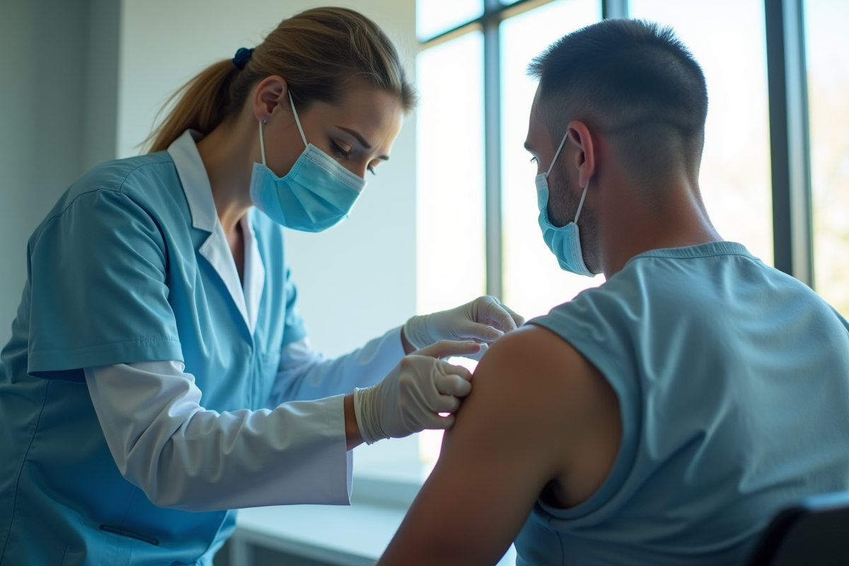 Infirmier administrant un vaccin à un adulte dans une clinique lumineuse