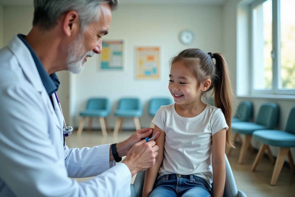 Médecin administre un vaccin à une fille souriante en clinique