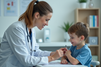 Docteur femme administre un vaccin à un enfant calme