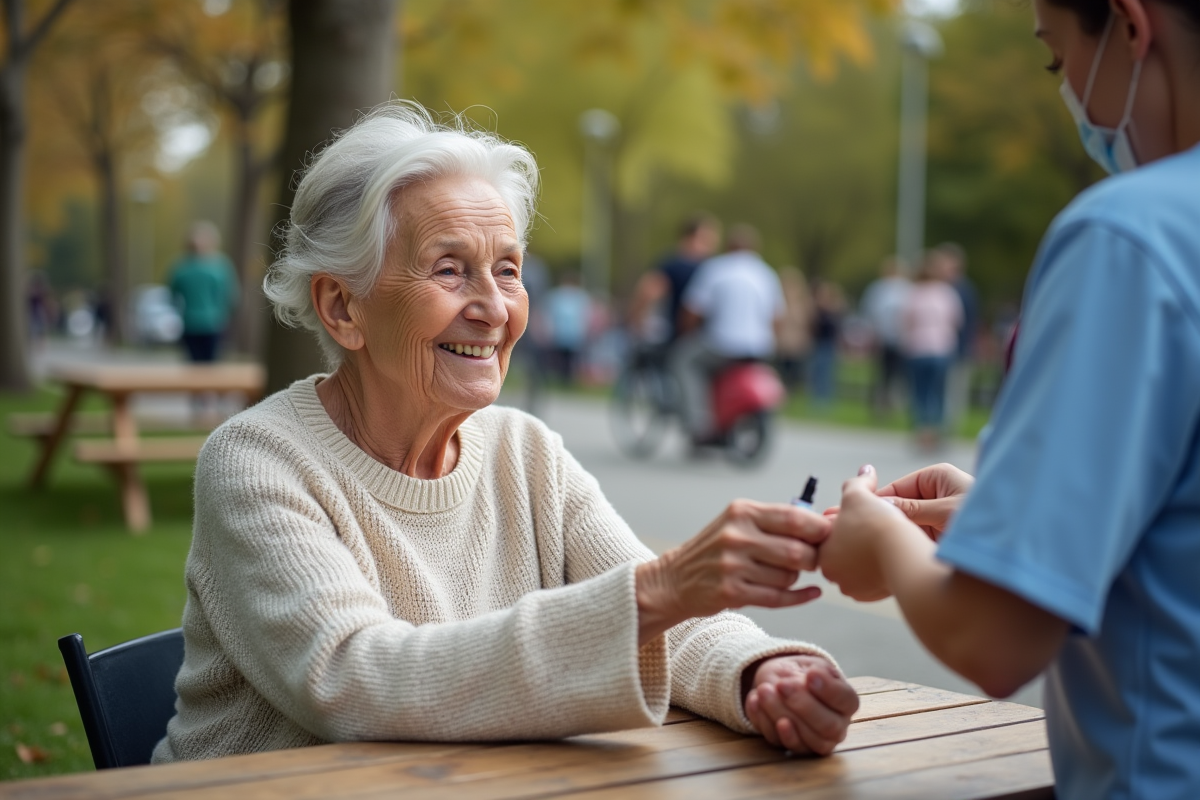 Femme âgée se faisant vacciner dans un parc urbain animé